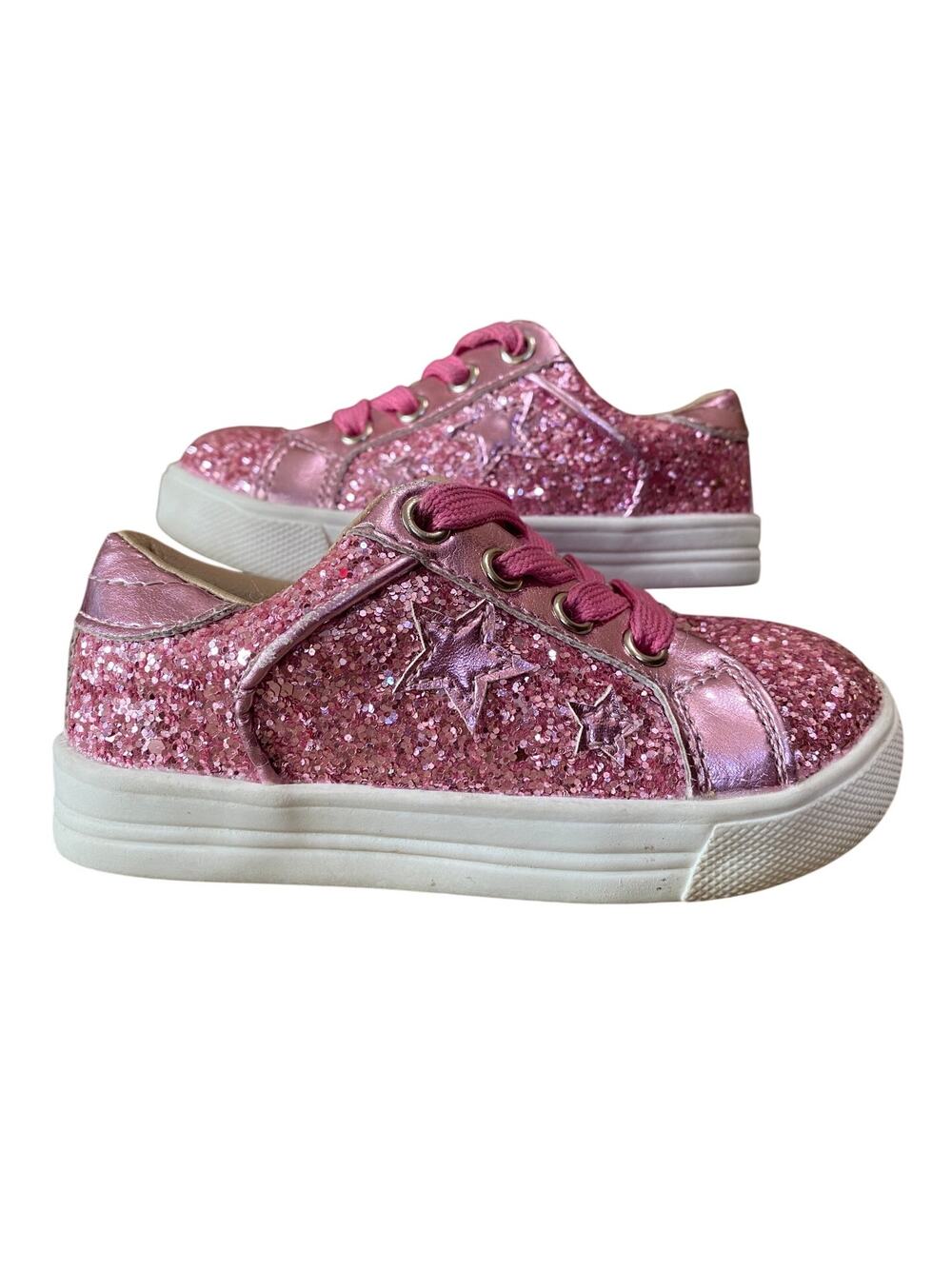 GINFIVE Pink Glitter Toddler Sneakers Size 7M Sparkly Star Shoes Girls Sneakers